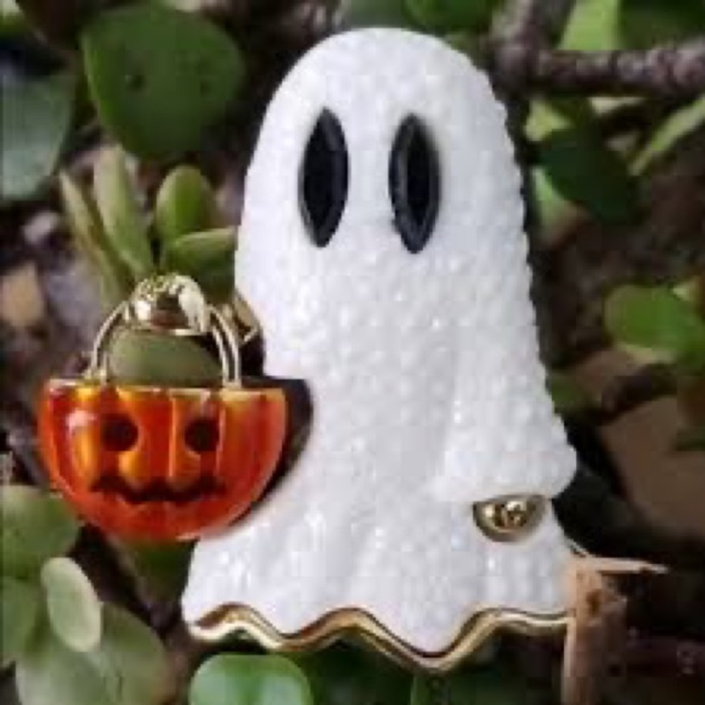 Dillards Halloween Brooch Ghost w/Pumpkin, 1-3/4” NIB